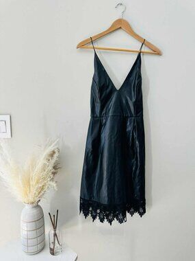 Topshop Black Satin Slip Dress with Lace Trim, Size 10